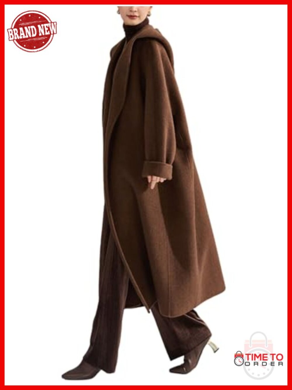Wool Blend Women's Hooded Pea Coat Belted Long Winter Coat Lined
